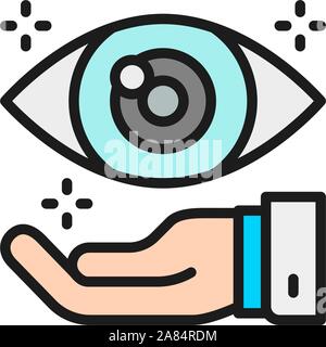 Hand with eye, optical clinic flat color line icon. Stock Vector