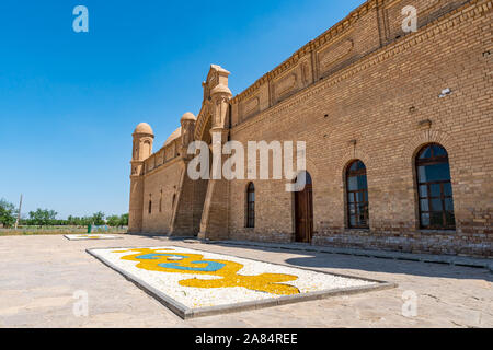 Turkestan Arystan Bab Mausoleum Breathtaking Picturesque View with Stone Mosaic on a Sunny Blue Sky Day Stock Photo