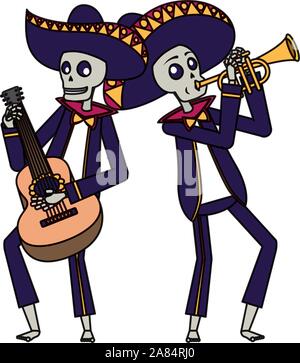 mexican mariachis skulls playing guitar and trumpet Stock Vector