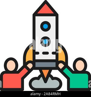 Team of people launches rocket, startup flat color line icon. Stock Vector