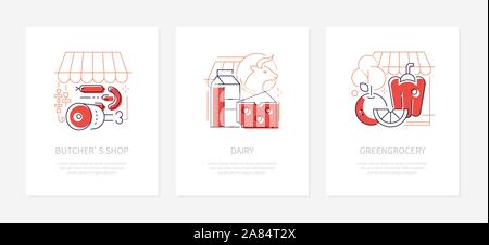 Food shops and market - line design style banners Stock Vector