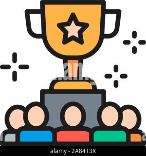 Awarding team for successful project flat color line icon. Stock Vector