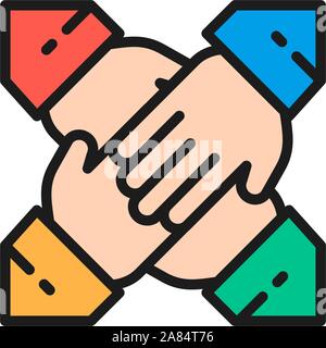 Teamwork, team hands flat color line icon. Stock Vector