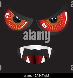 Danger evil face with red eyes and fangs on black background. Stock Vector