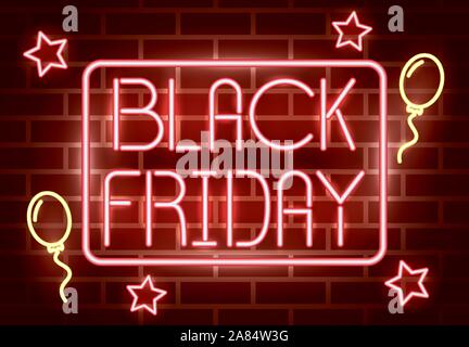 black friday neon label with stars and balloons helium Stock Vector