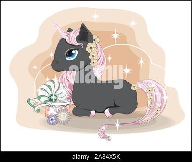 Magic black unicorn with pink mane and tail, blue eyes, in flower with gift.  Picture in hand drawing style, for t-shirt wear fashion print design, gr Stock Vector