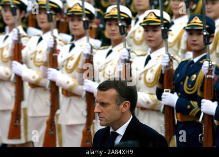 Beijing, China. 06th Nov, 2019. French President Emmanuel Macron attends a welcoming ceremony at the Great Hall of the People in Beijing on Wednesday, November 6, 2019. After the ceremony, Xi said the two leaders had 'sent a strong signal to the world about steadfastly upholding multilateralism and free trade, as well as working together to build open economies.' Photo by Stephen Shaver/UPI Credit: UPI/Alamy Live News