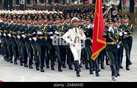 Beijing, China. 06th Nov, 2019. Chinese soldiers perform military honor guard duties for a welcoming ceremony at the Great Hall of the People in Beijing on Wednesday, November 6, 2019. China's defense spending will rise 7.5 percent from 2018, as it is closely watched worldwide for clues to the country's strategic military intentions. Photo by Stephen Shaver/UPI Credit: UPI/Alamy Live News Stock Photo