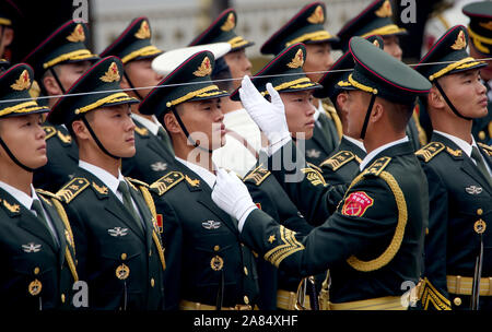 Beijing, China. 06th Nov, 2019. Chinese soldiers prepare to perform military honor guard duties for a welcoming ceremony at the Great Hall of the People in Beijing on Wednesday, November 6, 2019. China's defense spending will rise 7.5 percent from 2018, as it is closely watched worldwide for clues to the country's strategic military intentions. Photo by Stephen Shaver/UPI Credit: UPI/Alamy Live News Stock Photo