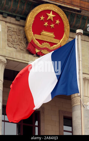 Beijing, China. 06th Nov, 2019. France's national flag flies in front of the Great Hall of the People in Beijing on Wednesday, November 6, 2019. After the ceremony, Xi said the two leaders had 'sent a strong signal to the world about steadfastly upholding multilateralism and free trade, as well as working together to build open economies.' Photo by Stephen Shaver/UPI Credit: UPI/Alamy Live News Stock Photo