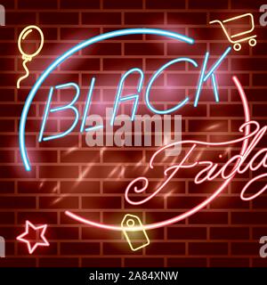 black friday neon label with stars and balloons helium Stock Vector