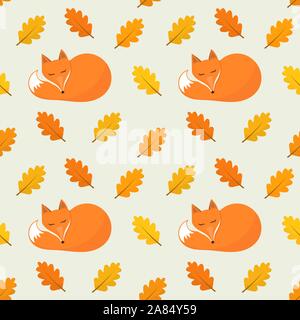 Fox and oak leaves autumn seamless pattern. Vector illustration. Stock Vector