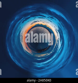 Dramatic sunset over the coastline after a thunderstorm. 360 degree abstract panorama. Stock Photo