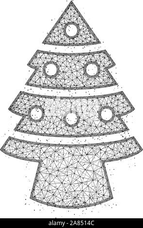Christmas tree low poly design, spruce with toys abstract geometric art, wireframe mesh polygonal vector illustration made from points and lines on wh Stock Vector