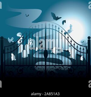 Halloween background with spooky old graveyard with iron gate. Stock Vector