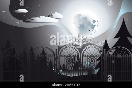 Halloween background with spooky old graveyard with iron gate. Stock Vector