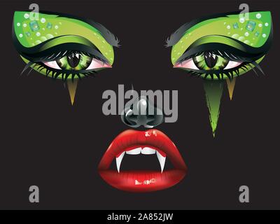 Abstract female vampire face with festival eye makeup and red lips. Stock Vector