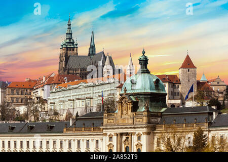 Presidential seat Prague Castle Prague sunset view Hradcany panorama Czech Republic Europe Landmarks Prague Castle district dusk Stock Photo