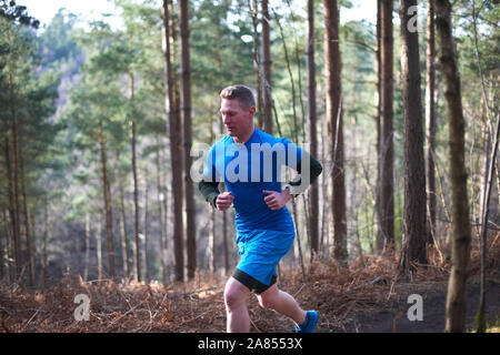 Man running on trail in sunny autumn woods Stock Photo