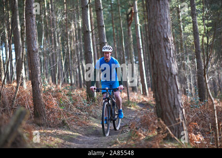 Man mountain biking on trail in autumn woods Stock Photo