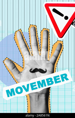 text movember, as a paper cutout, the palm of a man in black and white with a mustache painted in it, and a traffic sign with an exclamation point, as Stock Photo