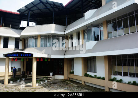 The front view of the two storied Hotel Orchid in Shillong with its unique architecture and design Stock Photo