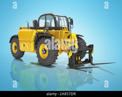 Yellow excavator telescopic loader isolated 3D render on blue background with shadow Stock Photo