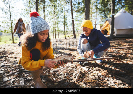 Brother and sister gathering firewood kindling at campsite in sunny woods Stock Photo