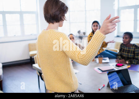 Businesswoman leading conference room meeting Stock Photo