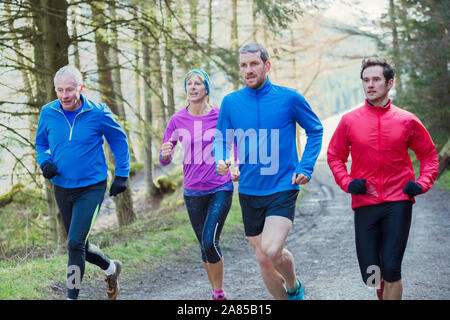 Family jogging on trail in woods Stock Photo