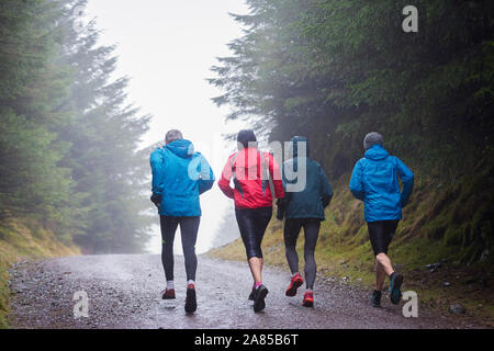 Family jogging on trail in rainy woods Stock Photo