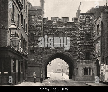 From 'The Descriptive Album of London' by George H Birch 1896 - Extract text : ' ST JOHN GATE ST. CLERKENWELL, is an interesting relic of an old priory of the Knights of St. John, this gate was built in the beginning of the 16th century by the grand ior I)ocwra. The arrns of Docwra and of the priory are on one side of the gateway, and those of England and France on the other. The Knights of St. John were by Henry the Eighth, reinstated by Queen Mary, and finally suppressed by Elizabeth. The building over the Gate ' Stock Photo