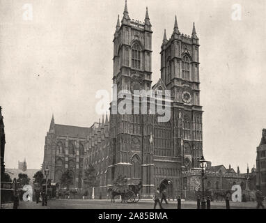 From 'The Descriptive Album of London' by George H Birch 1896 - Extract text : ' WESTMINSTER ABBEY.—This venerable fabric, larger than many Of our cathedrals, was first founded by Sebert, and re-founded by Edward the Confessor, the last Saxon King. Henry the Ill., pulled down the eastern part of the Confessor's, and rebuilt the Choir and Transcepts, Chapels, and one bay of the Nave between 1245 and 1269. The Nave was continued during the succeeding centuries, Henry the V ll., in 1503, completing the fabric by rebuilding the Lady Chapel. Nearly all of our- Kings and up to George the. 111. reign Stock Photo