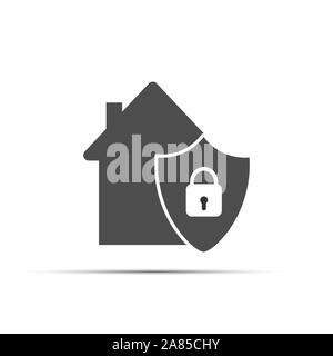 House badge and shield with closed lock. Flat simple design. Stock Vector