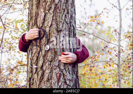 Forest health or nature healing person concept. Woman hands holding around pine tree trunk and holding medical stethoscope and small red heart figurin Stock Photo