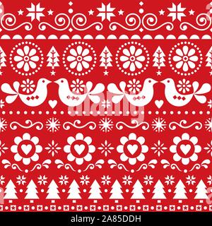 Christmas folk art vector seamless pattern, Scandinavian festive design with birds, snowflakes, flowers, Xmas trees in white on red background Stock Vector