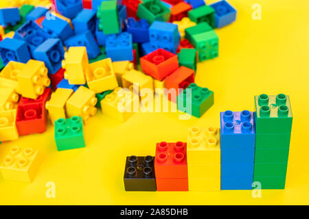 Bar graphs plastic building blocks toy bricks on yellow background. Stock Photo