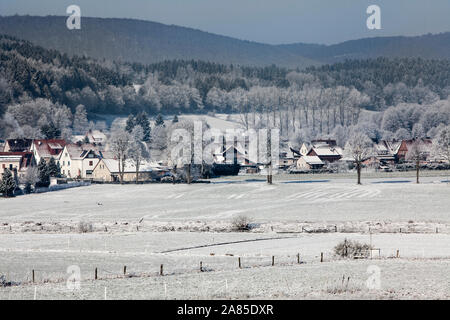 View of Wahmbeck in winter, Bodenfelde, district of Northeim, Lower Saxony, Germany, Europe Stock Photo