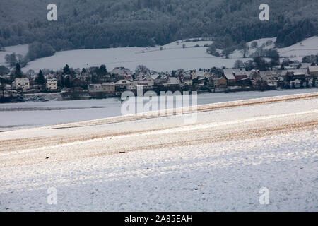 View of Wahmbeck in winter, Bodenfelde, district of Northeim, Lower Saxony, Germany, Europe Stock Photo