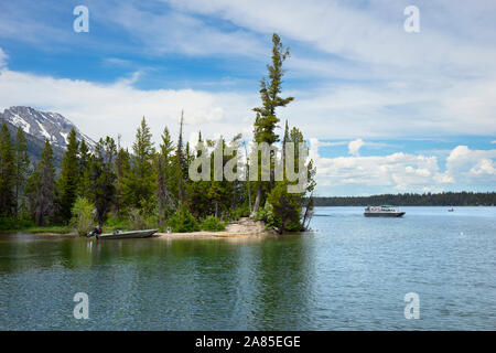 Boats on Jenny Lake, Grand Teton National Park Stock Photo