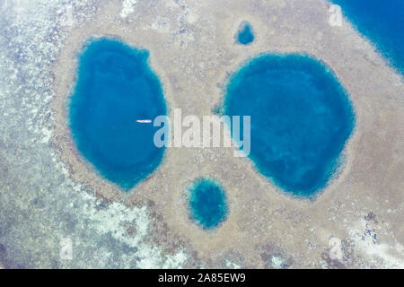 Blue holes are found amid a shallow reef flat on the island of Sebayor in Komodo National Park, Indonesia. These blue holes formed as sink holes. Stock Photo