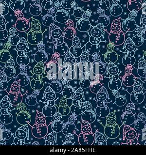 Fun and cute hand drawn snow mans seamless pattern,  winter themed backdrop - great for textiles, wrapping, banners, wallpapers, vector design Stock Vector