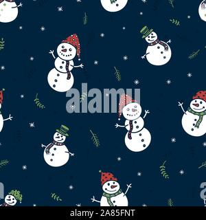 Fun and cute hand drawn snow mans seamless pattern,  winter themed backdrop - great for textiles, wrapping, banners, wallpapers, vector design Stock Vector