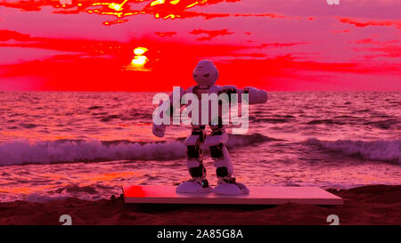 Humanoid autonomous smart Robot dances above martian sea after a weightless day in the spaceship. Dancing helps him to maintain his muscles and servos after a long day in Space. Stock Photo