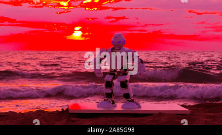 Humanoid autonomous smart Robot dances above martian sea after a weightless day in the spaceship. Dancing helps him to maintain his muscles and servos after a long day in Space. Stock Photo