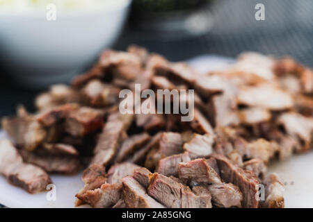 BBQ Selection of chopped meat salsa salad Stock Photo