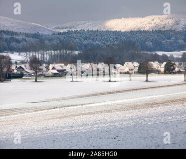 View of Wahmbeck in winter, Bodenfelde, district of Northeim, Lower Saxony, Germany, Europe Stock Photo