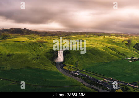 Aerial view of the Skogafoss waterfall in southern Iceland at sunset Stock Photo