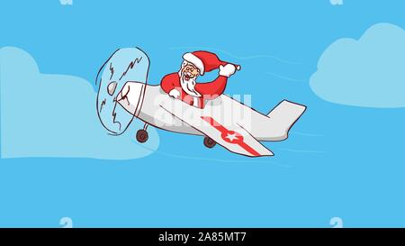 happy santa claus flying ride vintage aeroplane and wave hand say merry christmas Hand drawn style vector design illustrations Stock Vector