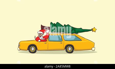 happy santa claus ride retro wagons family car carrying christmas tree on the roof smile and wave hands . Hand drawn style vector design illustrations Stock Vector
